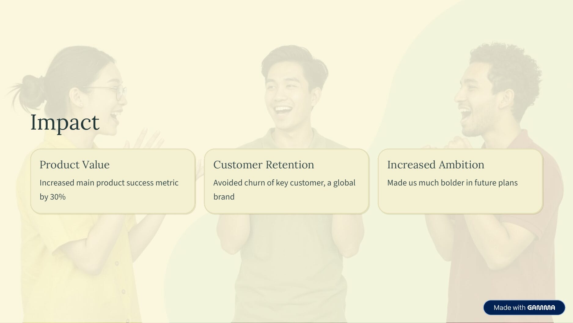 Three cards under the title "Impact": Product Value — increased main product success metric by 30%. Customer Retention — avoided churn of key customer, a global brand. Increased Ambition — made us much bolder in future plans
