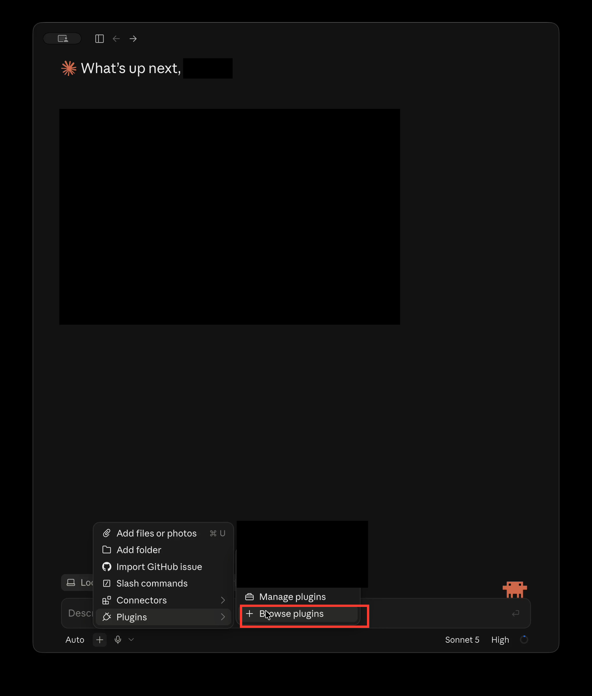 Open the plus menu in Claude Code Desktop, choose Plugins, then Browse plugins