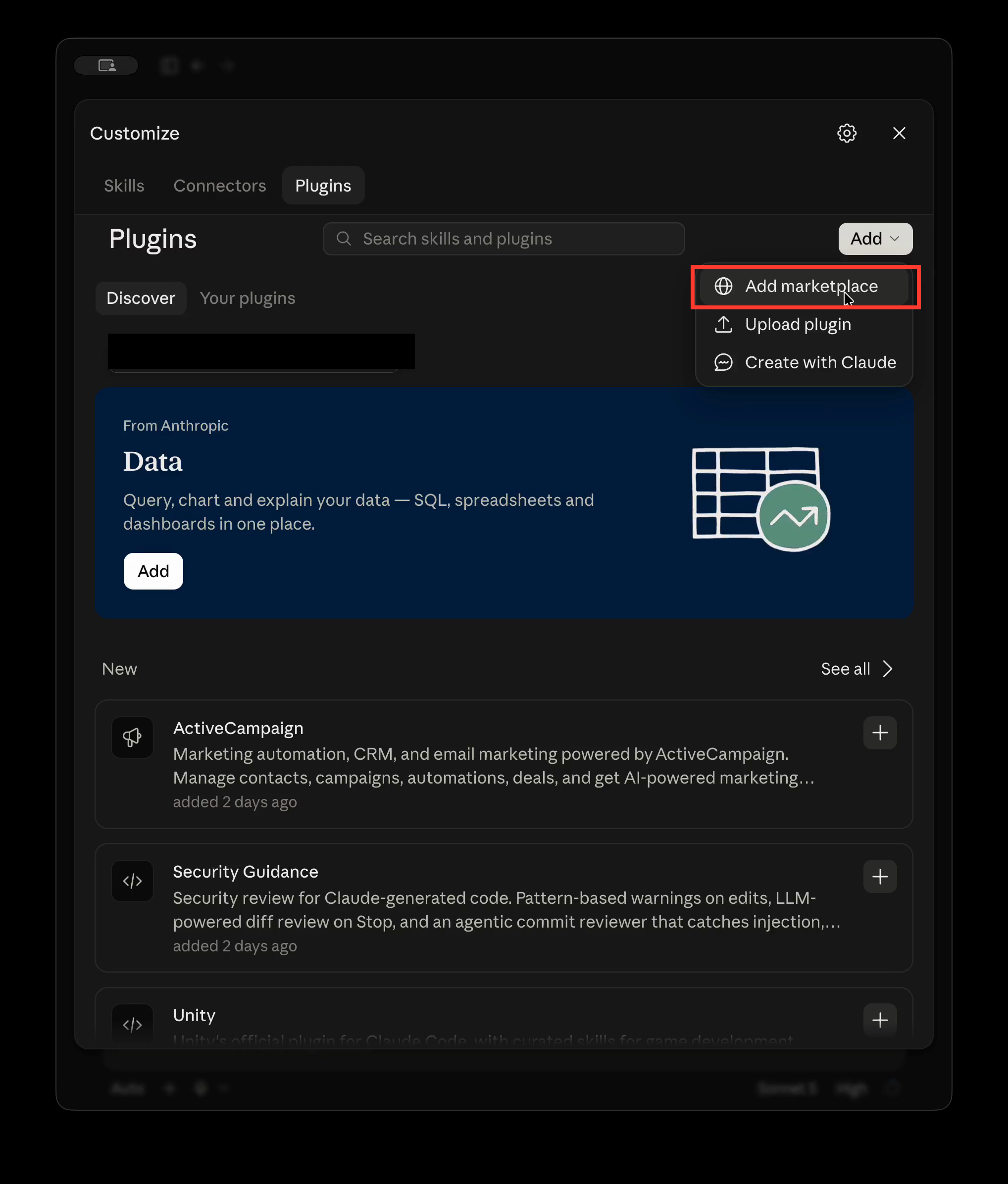 In the Plugins panel, open Add and choose Add marketplace