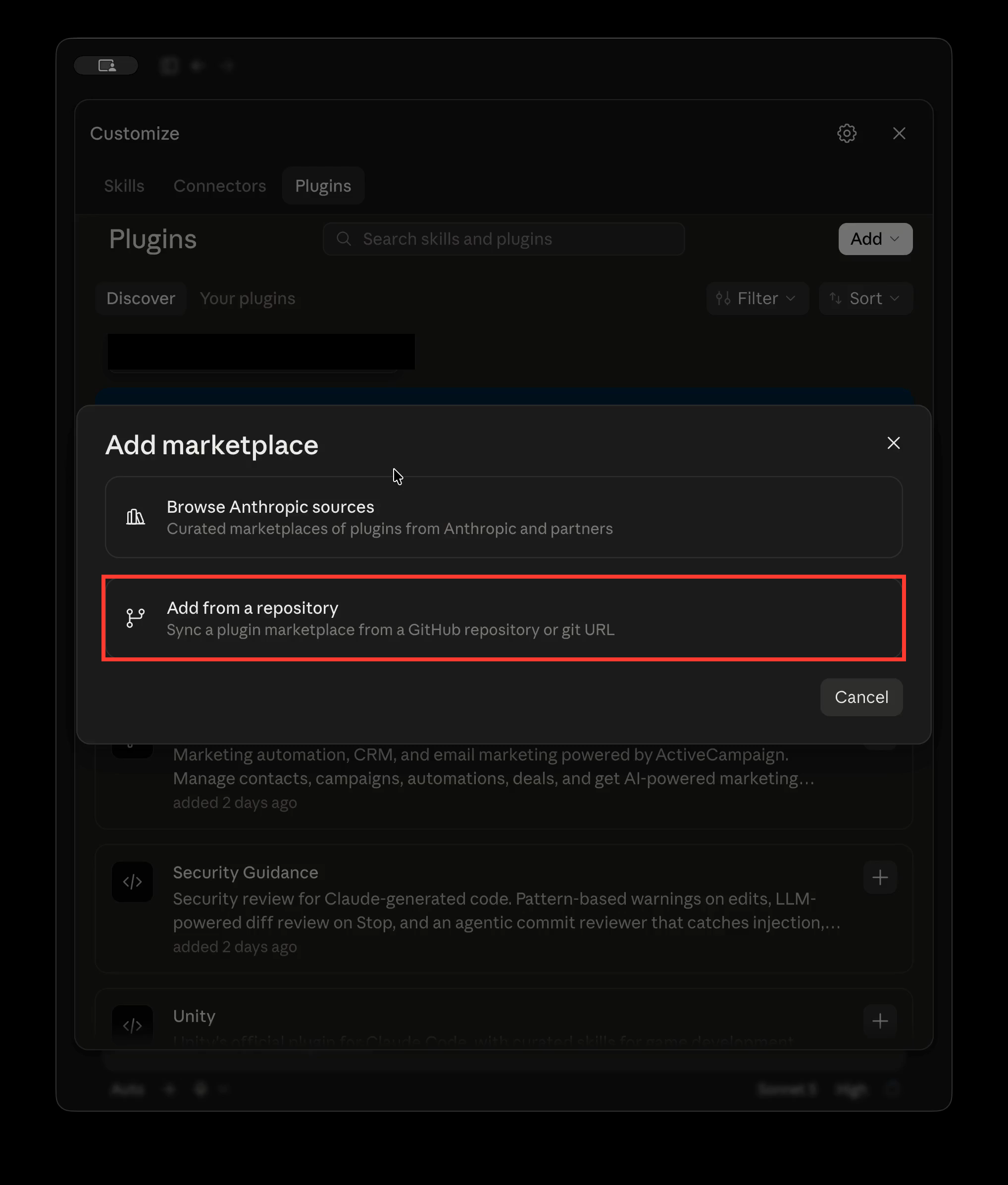 In Add marketplace, choose Add from a repository