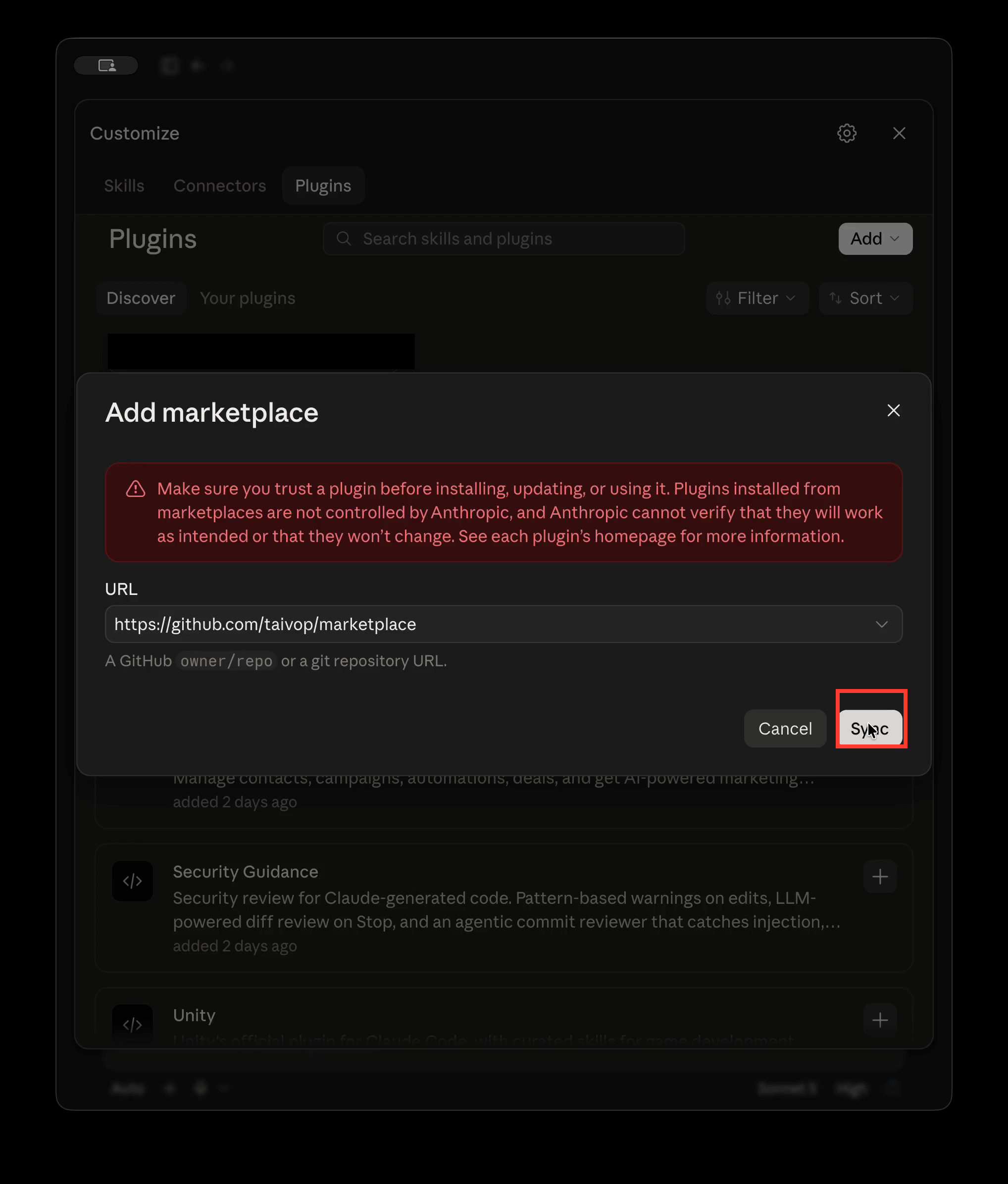 Paste the GitHub marketplace repository URL and click Sync