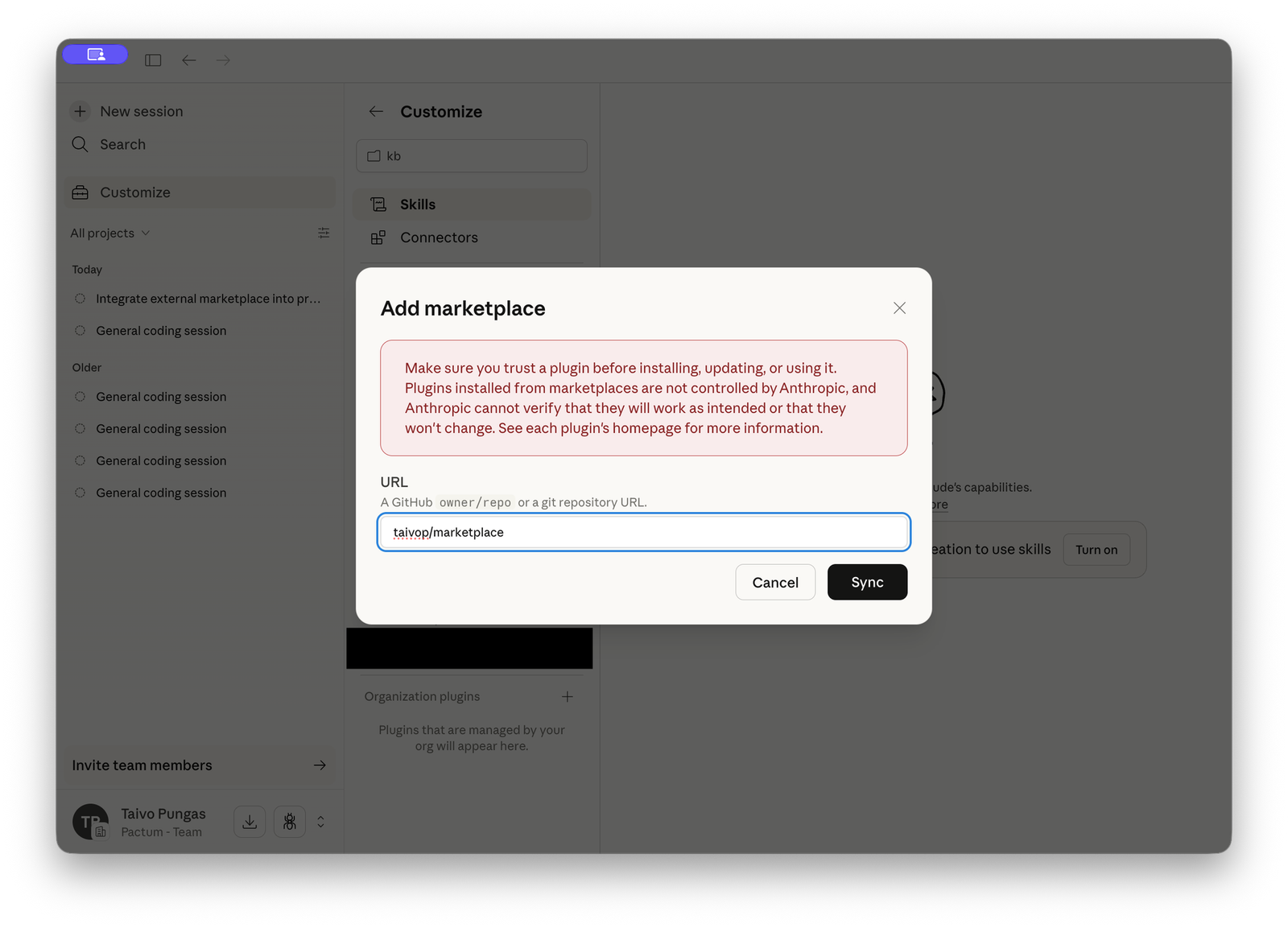 Step 2: Paste the GitHub repo path and click Sync