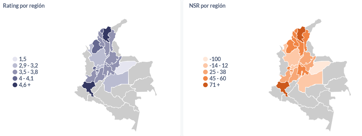Ratings y sentimiento neto (NSR) del 2024, abierto por región colombiana.