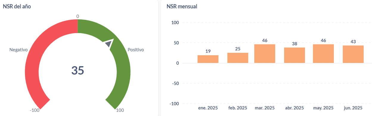 Sentimiento neto (NSR) anual y mensual de las líneas aéreas de Sudamérica en 2025.
