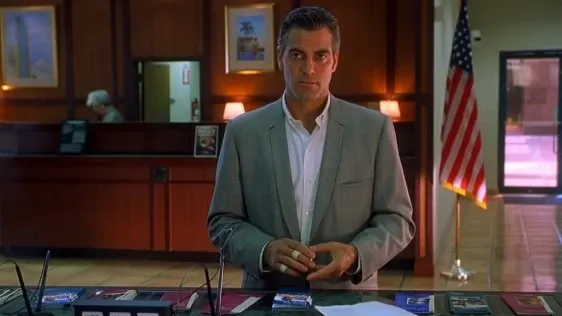 George Clooney ponders a bank robbery in OUT OF SIGHT.