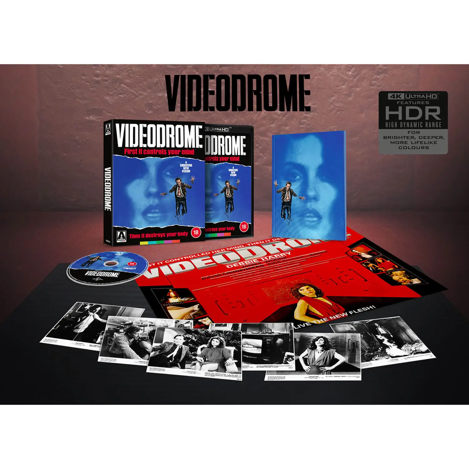 Arrow Films' 4K edition of VIDEODROME, featuring lobby cards, a poster and the original theatrical art.