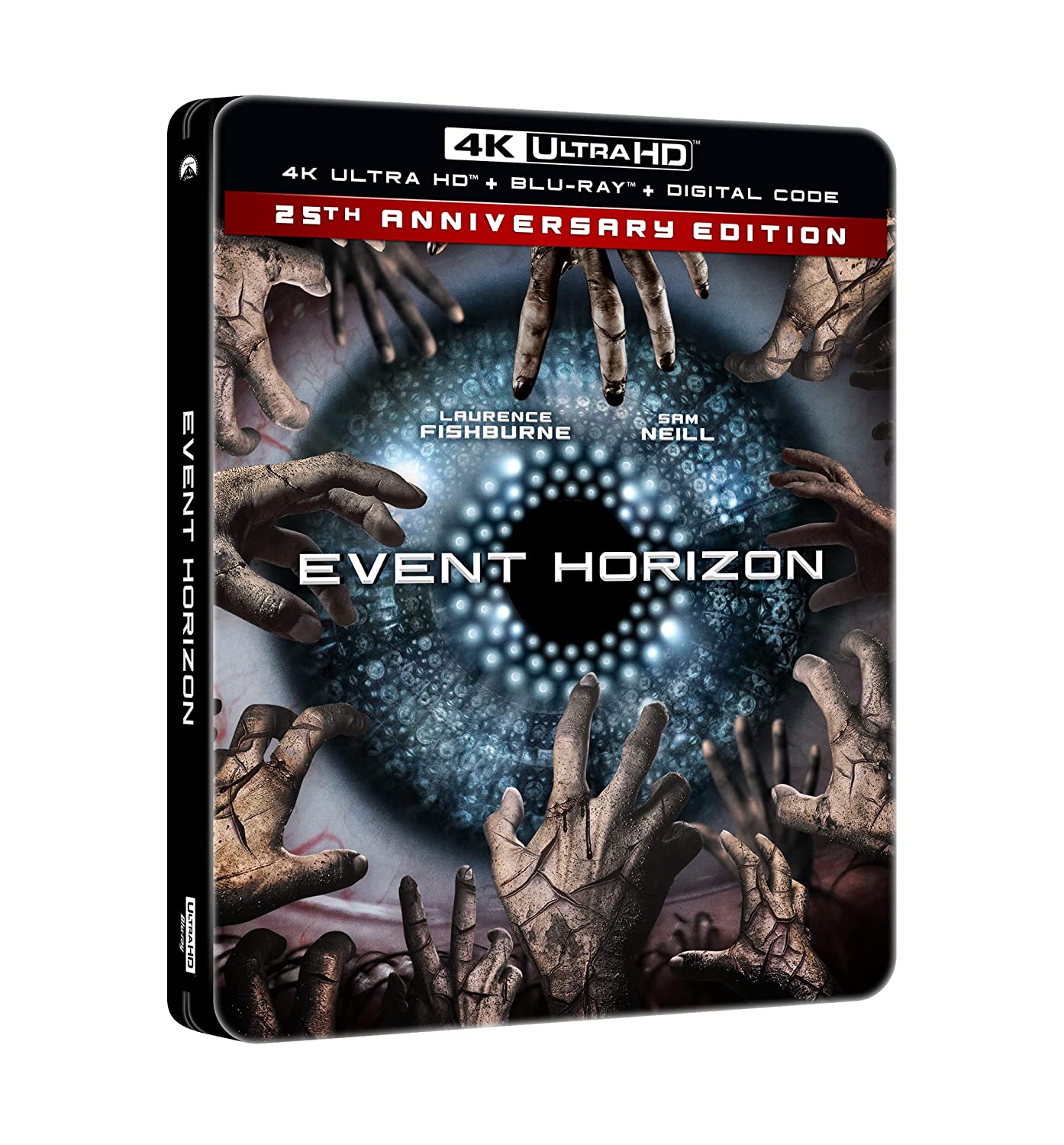 The 4K steelbook art for EVENT HORIZON features many hands reaching for an eyeball which is also a hyperdrive generator into hell. Totes normal.