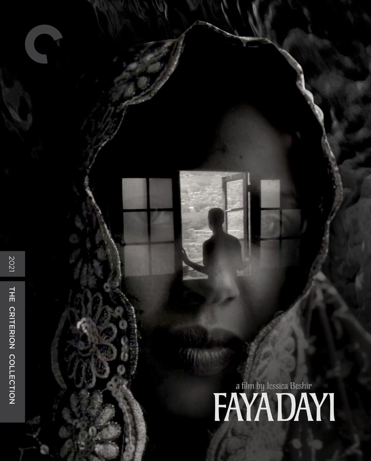 A woman's face is overlaid on the image of a young man looking out a window in the evocative cover art for the Criterion edition of FAYA DAYI.