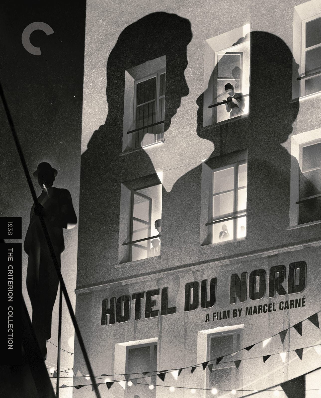 Faces are silhouetted against the facade of a rooming house in the Criterion jacket illustration for HOTEL DU NORD.