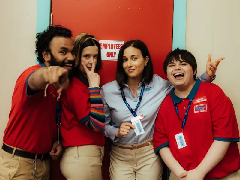 The cast of I LIKE MOVIES goofs for the camera.