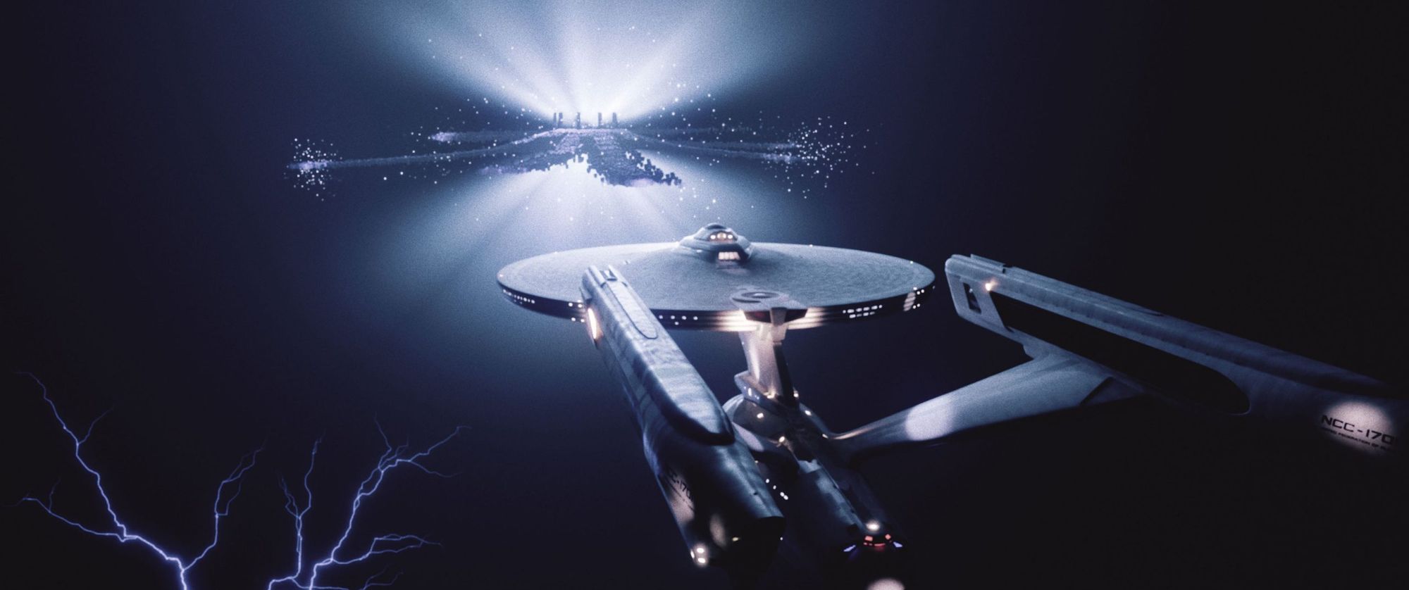 The Enterprise approaches V'ger in an image from the restored STAR TREK: THE MOTION PICTURE.