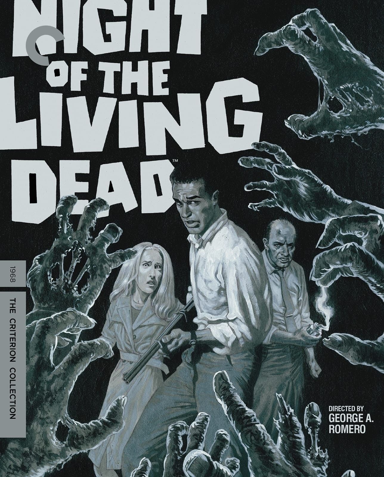 The cover art of Criterion's NIGHT OF THE LIVING DEAD, with Duane Jones aiming a shotgun at zombies.
