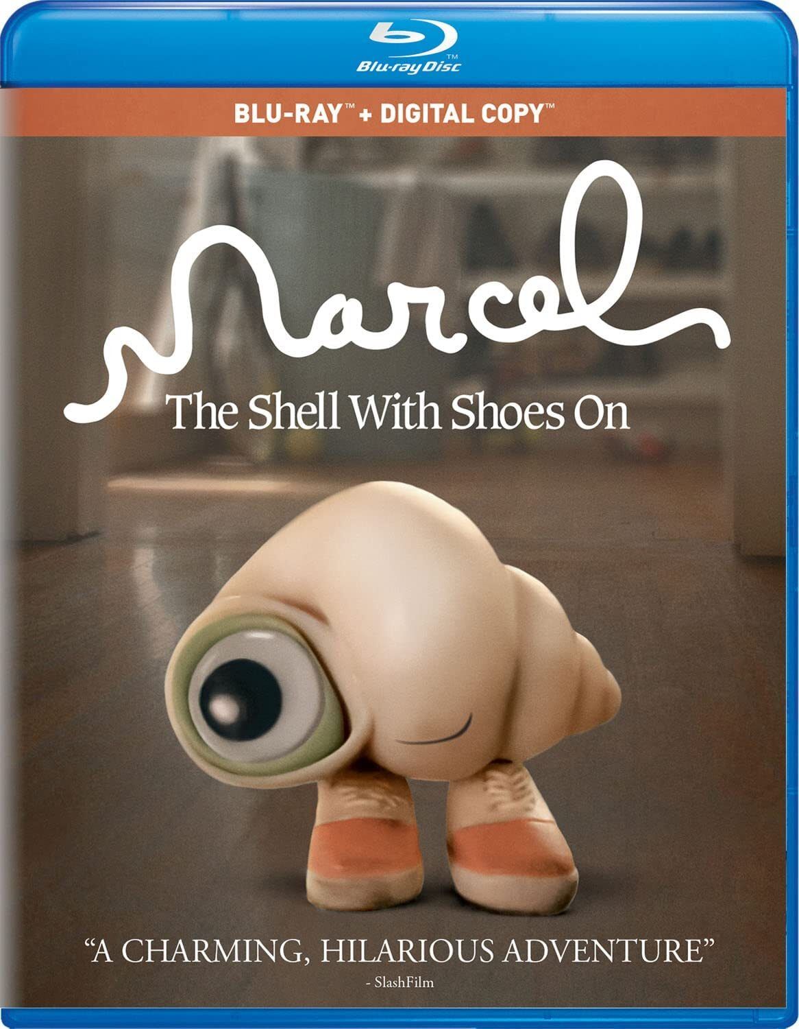 Marcel, the shell with shoes on, smiles on the Blu-ray jacket art of MARCEL, THE SHELL WITH SHOES ON.