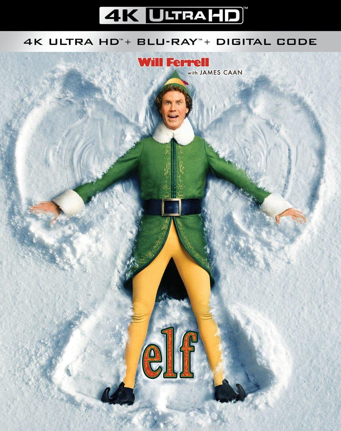 Will Ferrell's wild-eyed Buddy makes a snow angel in Warner's 4K box art for ELF.