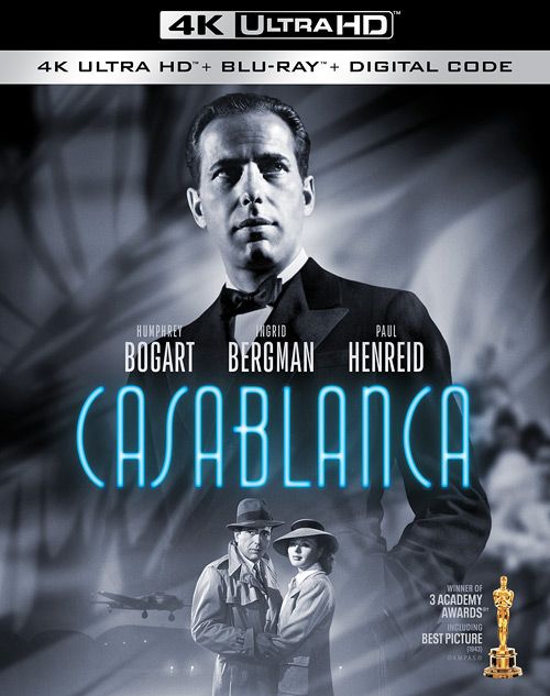 The jacket art for Warner's 4K edition of CASABLANCA, which superimposes Bogart in black tie over a smaller image of Bogart and Bergman on the runway.