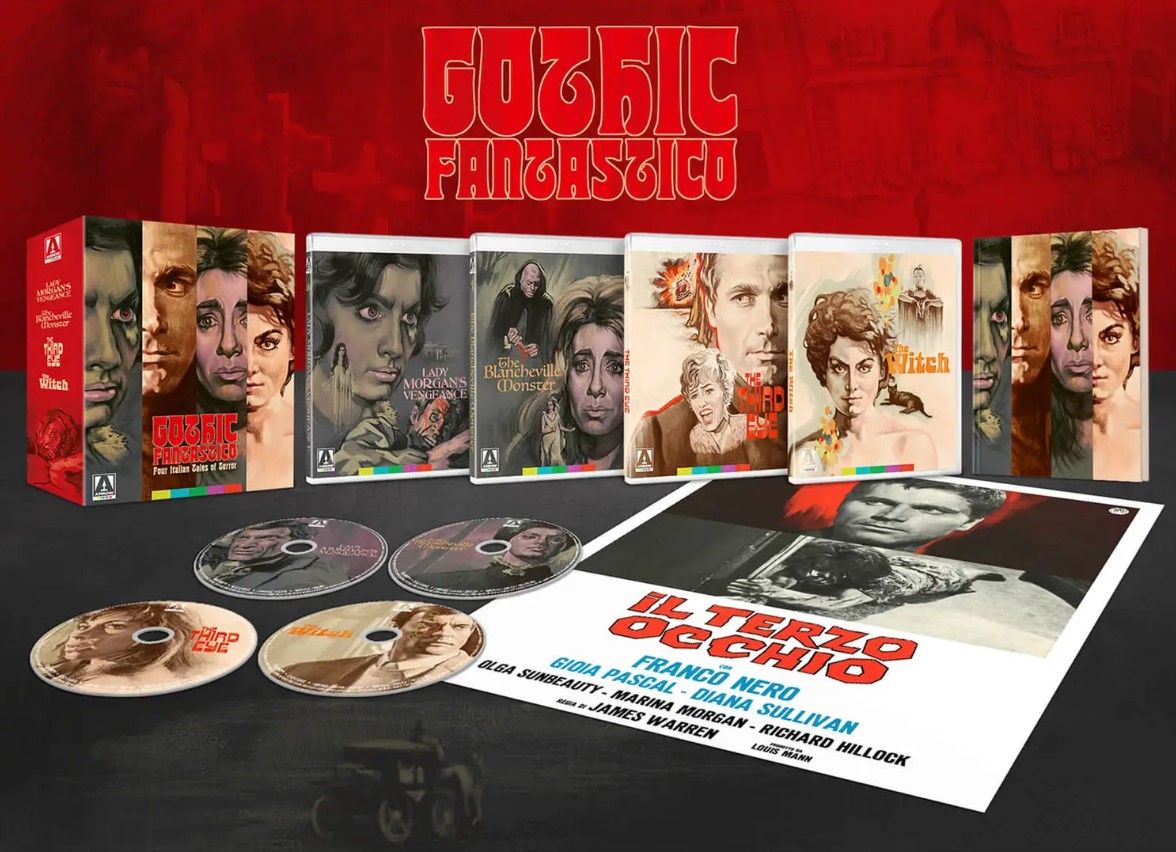 The contents of Arrow's GOTHIC FANTASTICO box: Four discs, spiffy hand-drawn covers, a fold-out poster and book of essays.