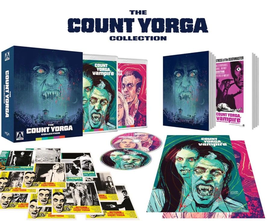 The contents of THE COUNT YORGA COLLECTION: Discs, lobby cards, an art book and a reversible poster, all looking very bitey.