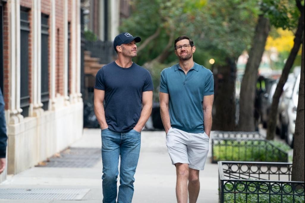 Luke Macfarlane and Billy Eichner enjoy a walk, and some chemistry, in BROS