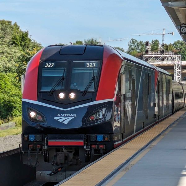 An Amtrak train pulling into the station