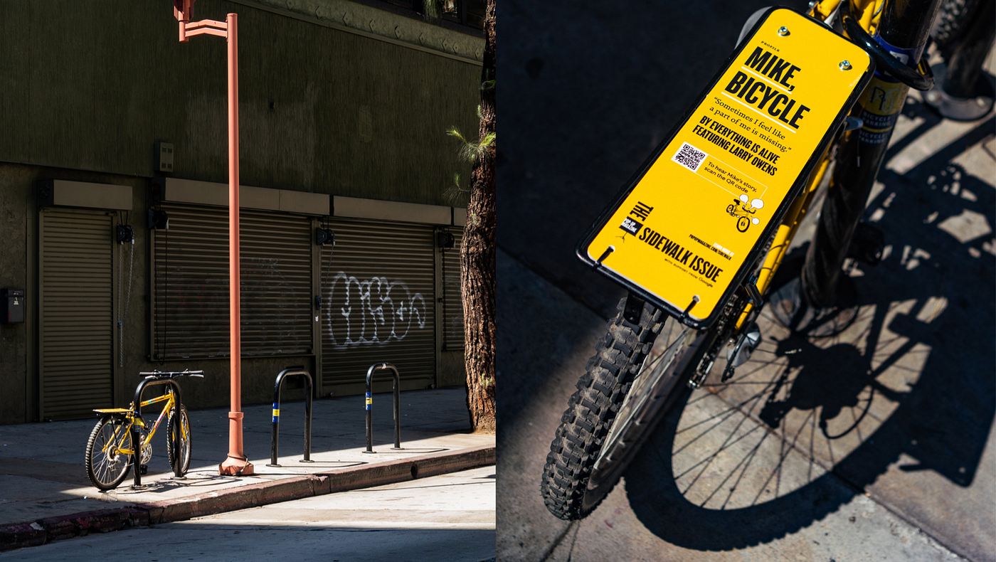 This image is a split screen of two photos. On the left is a photo taken of a yellow bike, locked up on the sidewalk. Late afternoon sun cuts across the urban scene. No one — no people or cars are in frame. On the right is a close-up of the bike; the focus is on a yellow placard attached to the bike where its seat should be. The placard includes “Mike, Bicycle” in a large black font, plus the quote, “Sometimes I feel like a part of me is missing.”