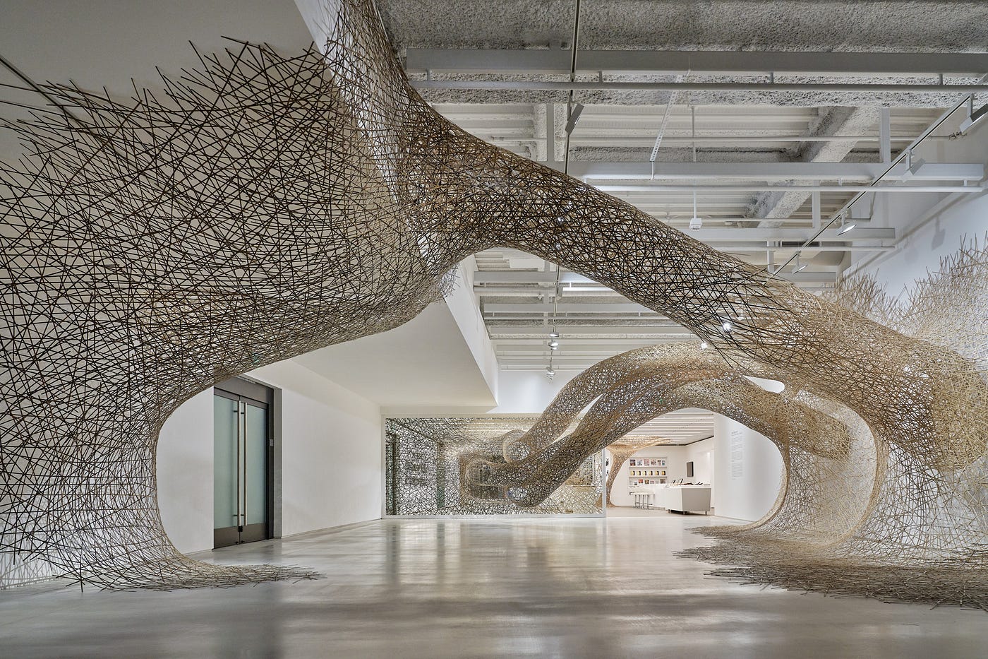 A wide shot of a white gallery space. A latticed sculpture of bamboo weaves its way through the room, like delicate wormholes that appear to emerge and recede into the walls and floor.
