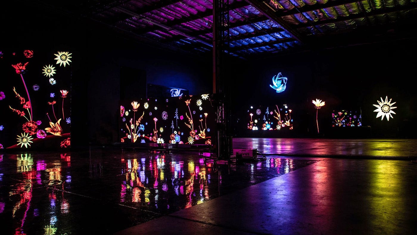 A large, darkened room contains several LED screens — some are huge and curved, some are small and placed high up on the wall, close to the ceiling; some are set in a portrait orientation and others in landscape orientation. All of these screens contain brightly colored compositions of flowers and plants. They are otherworldly, animated photographs, although this is a static image. The floor and ceiling cast saturated reflections of these digital gardens.