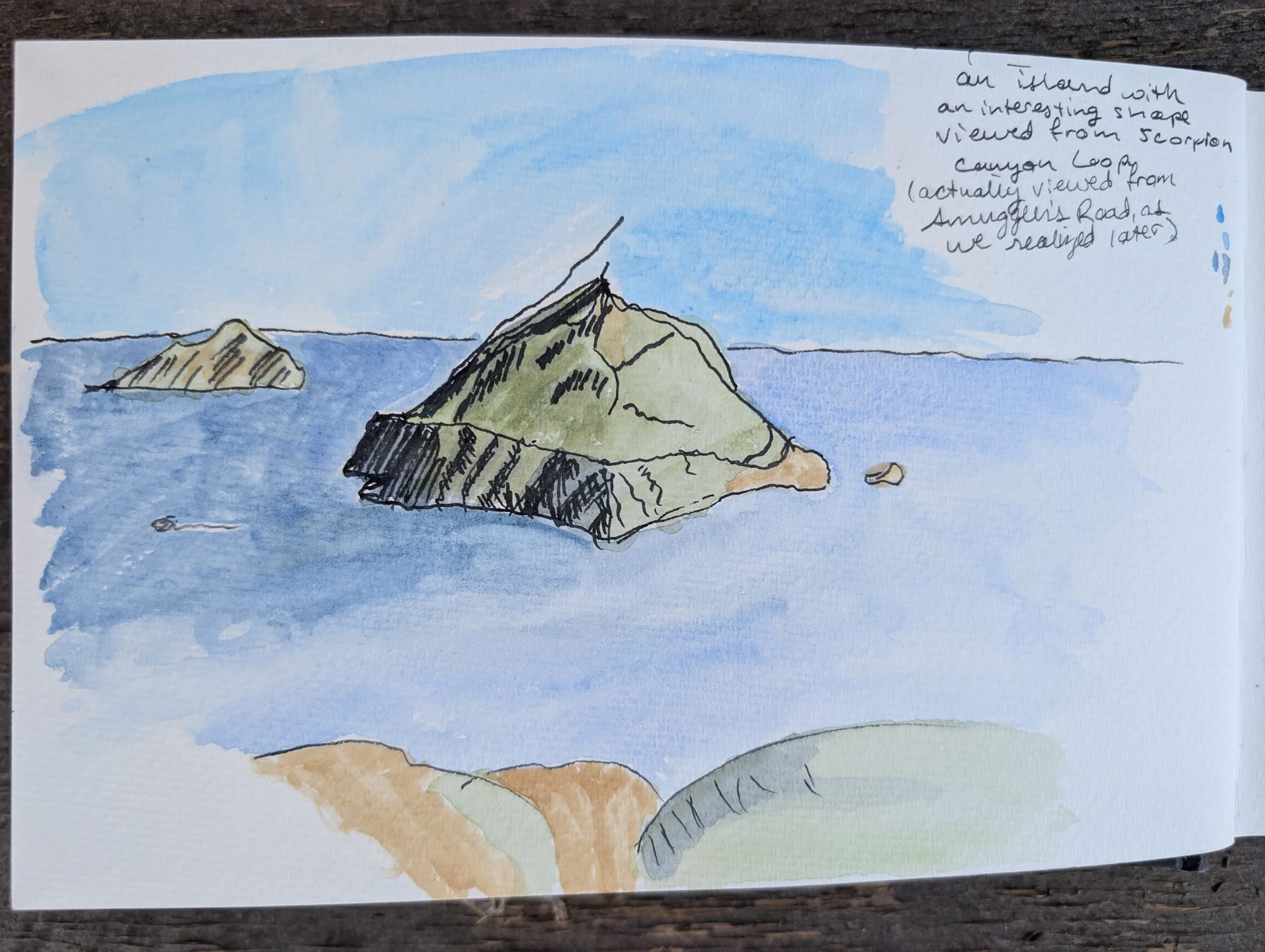 an ink and watercolor sketch of islands and a boat. it's very rough