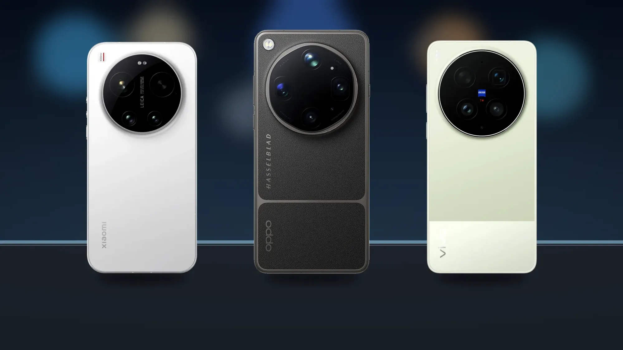 Da esquerda para a direita: Xiaomi 17 Ultra, Oppo Find X9 Ultra e o Vivo X300 Ultra.