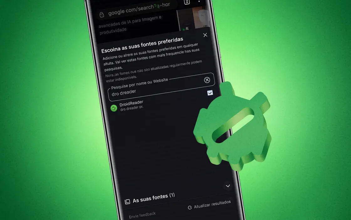 Coloca o DroidReader nas tuas fontes preferidas da Google