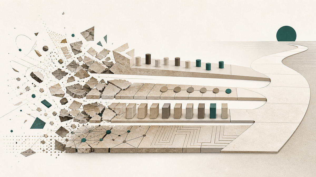 Four architectural layers emerge from scattered fragments into a clear operational pathway.