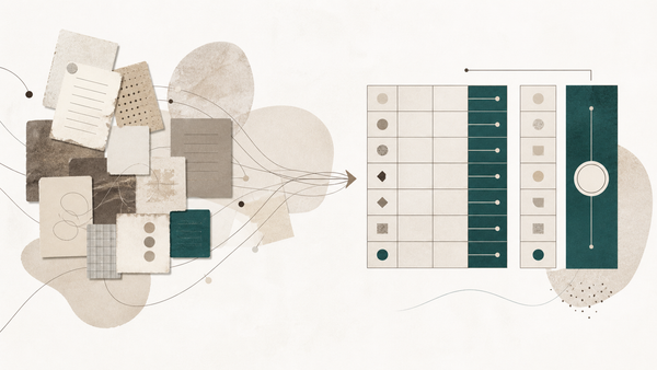 Scattered data records converge into a structured grid with visible exceptions and a clear source of truth.