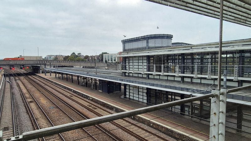 The empty train tracks at Ashford International train station