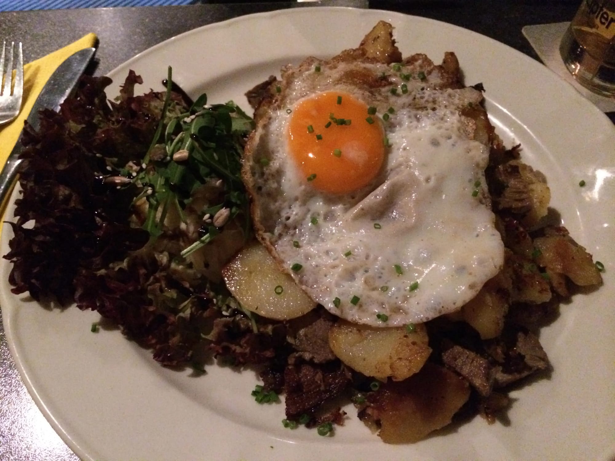 Photo by Author — dinner at Maximilian, St Anton — it may not look great, but it was very tasty
