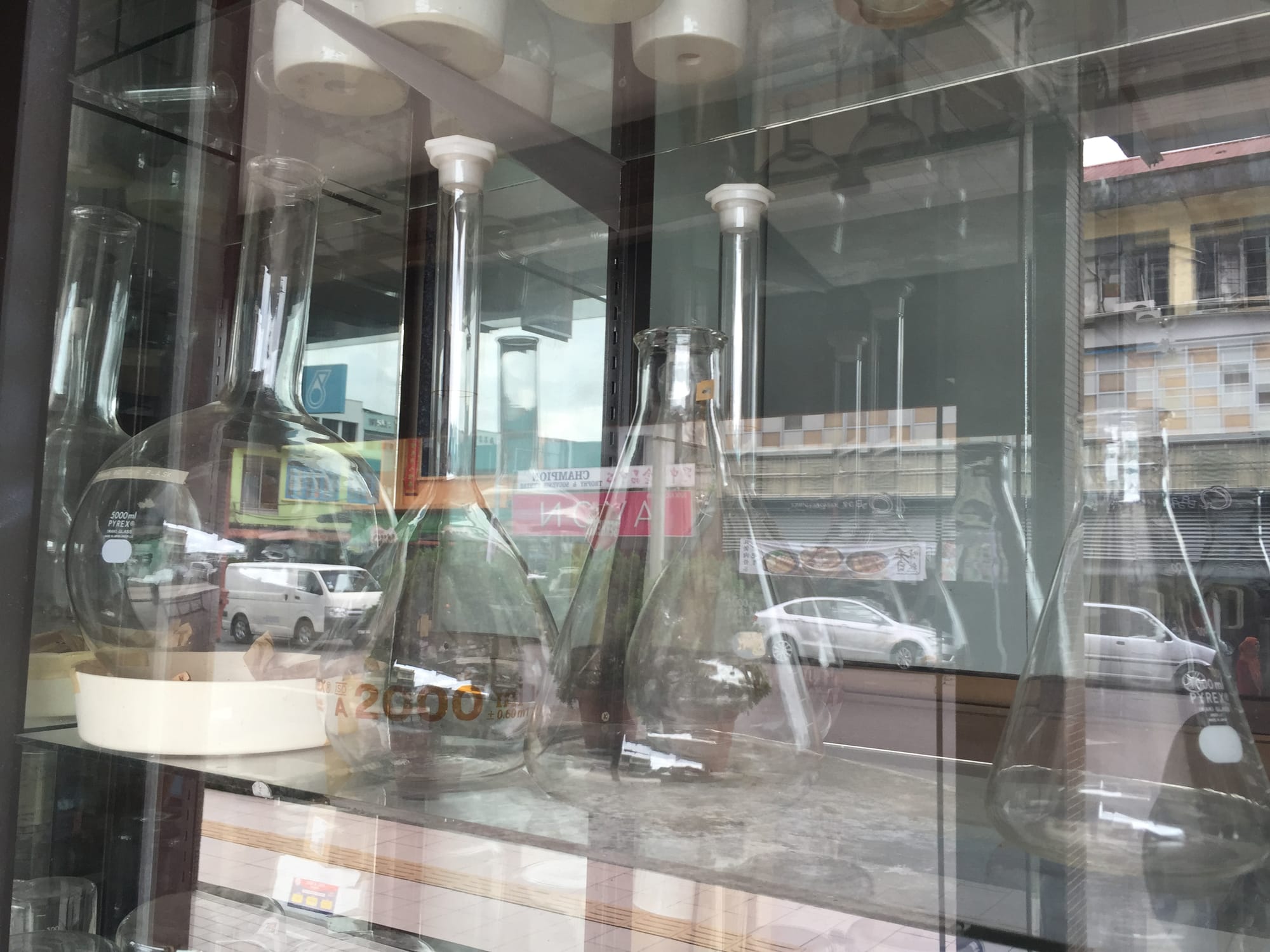 Photo by Author — The Central Scientific Store — love the volumetric and conical flasks