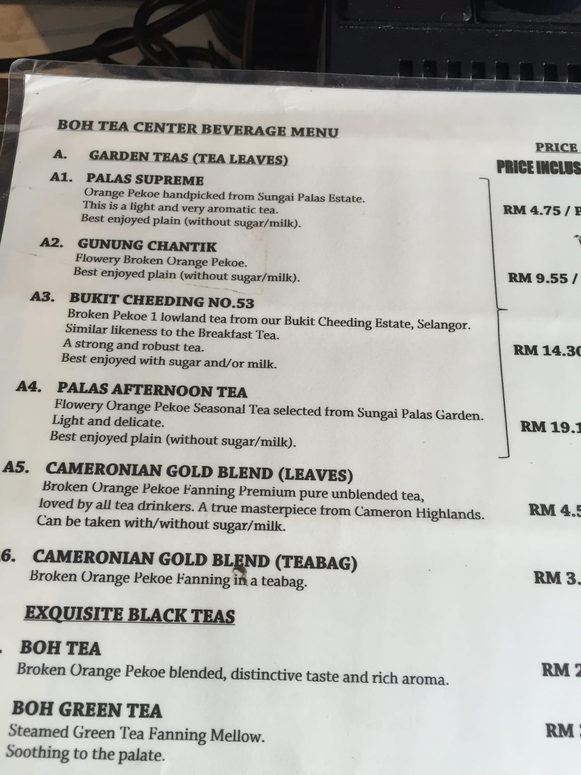 Photo by Author — the menu at the BOH Tea Plantations, Cameron Highlands, Malaysia