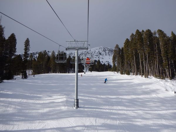 A great day skiing Bridger Bowl, Montana - a view up the slope from the chair lift