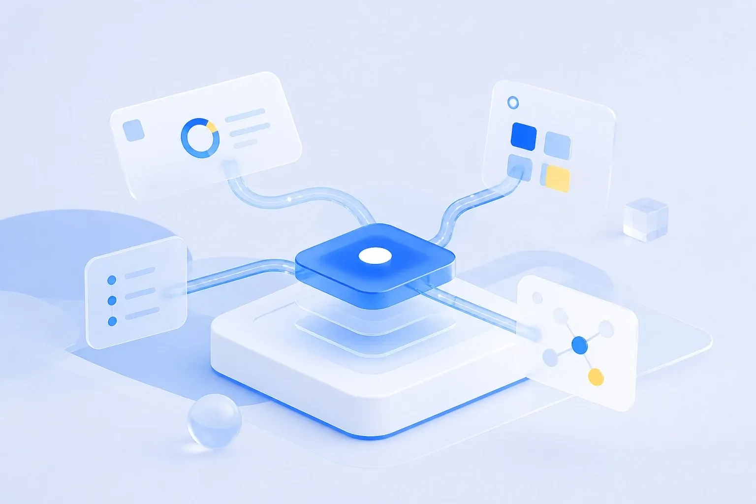 MCP·A2A 표준으로 AI 에이전트 허브와 데이터·툴 카드가 연결된 아이소메트릭 일러스트