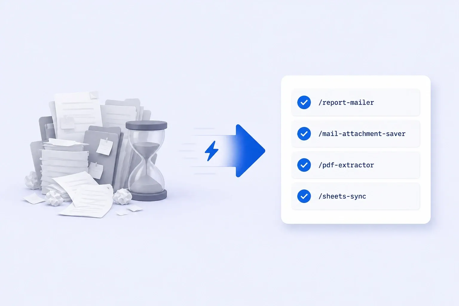 쌓인 서류 더미와 모래시계가 화살표를 지나 report-mailer, mail-attachment-saver, pdf-extractor, sheets-sync 자동화 체크리스트로 바뀌는 일러스트