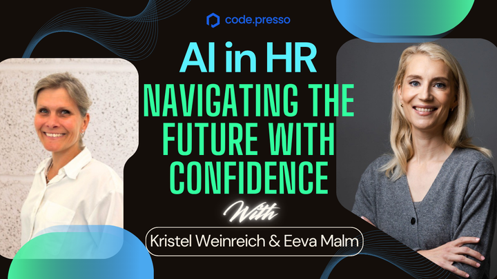 AI in HR Navigating The Future with Confidence 텍스트 양 옆에 Arva Consulting의 Eeva Malm과 HR 전문가 Kristel Weinreich의 사진이 있는 썸네일