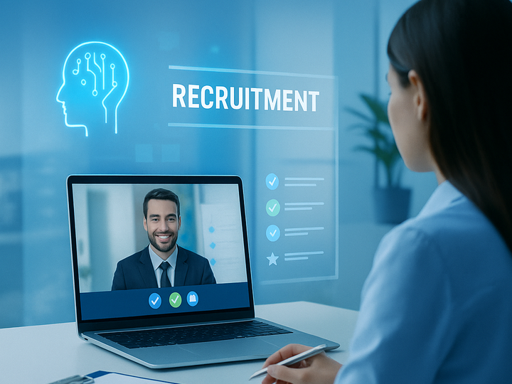A futuristic HR tech scene in 2025, showing a woman conducting a video interview with visual elements of AI-based recruitment tools