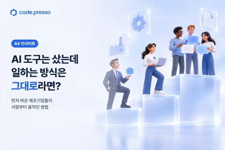 AI 도입 3단계: 대표, 챔피언, 팀이 유리 계단을 차례로 오르는 모습의 3D 일러스트
