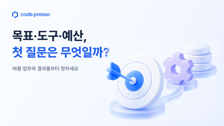 공식 code.presso 로고와 ‘목표·도구·예산, 첫 질문은 무엇일까?’ 제목, ‘바꿀 업무와 결과물부터 정하세요’ 문구, 과녁·톱니바퀴·동전 모형이 이어진 입체 일러스트
