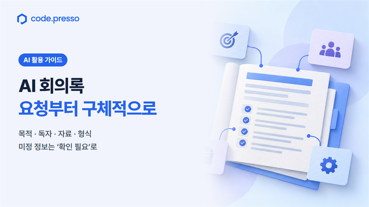 회의록 요청문에 목적·독자·자료·형식을 담는 방법을 표현한 일러스트.
