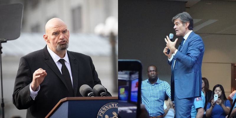 John Fetterman (left) faces Dr. Mehmet Oz (right) in Pennsylvania. Image: Magdalena Bokowa