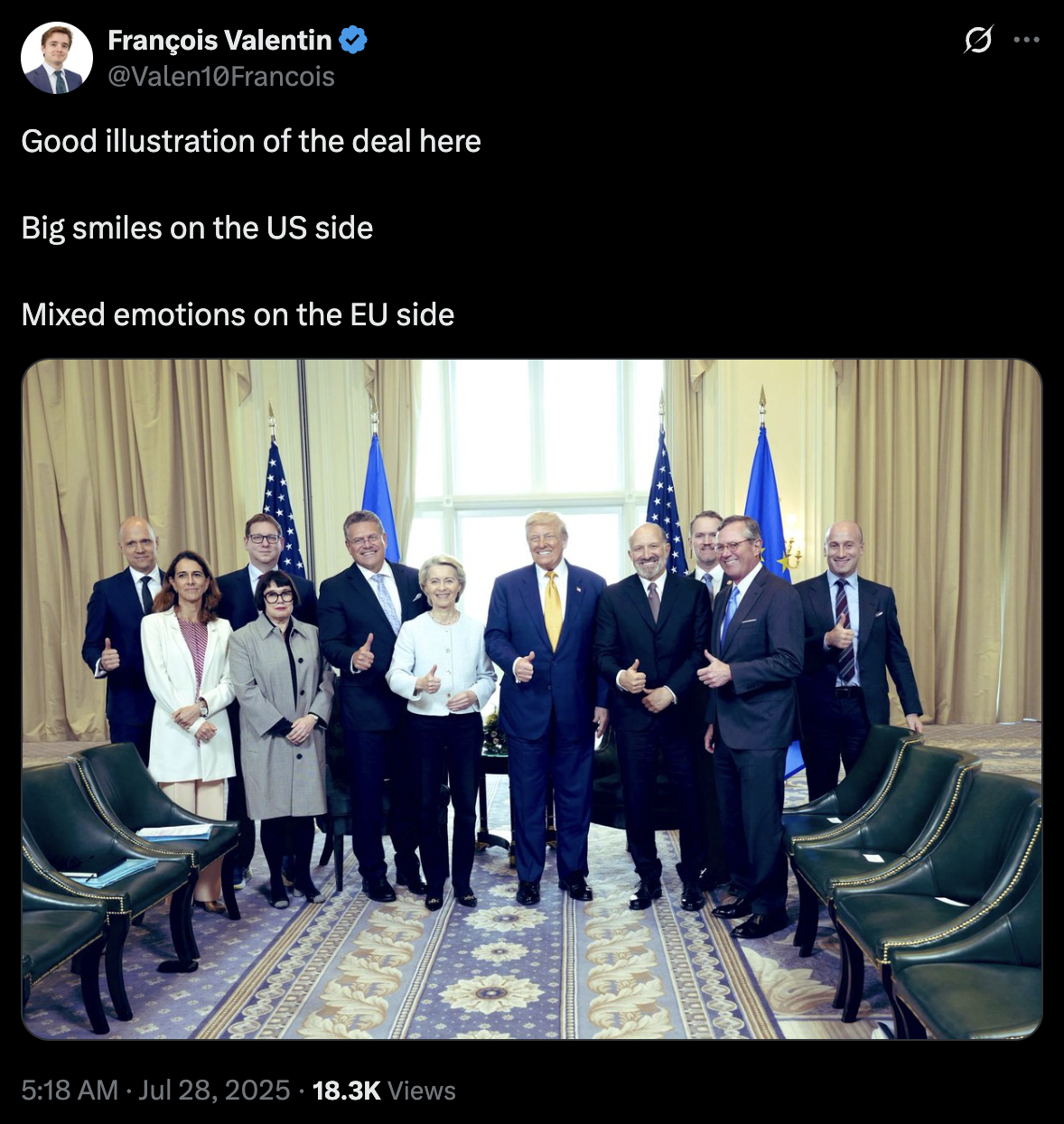 A post on X of U.S negotiators smiling and European negotiators giving mixed reactions