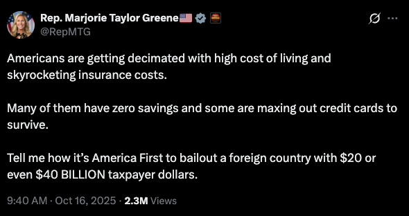 Screenshot of an X post by Rep. Marjorie Taylor Greene (R-GA)