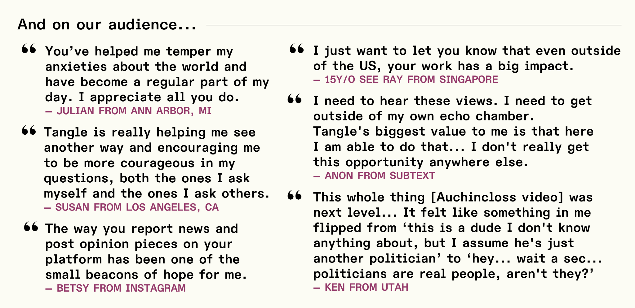 A collection of reader testimonials. 