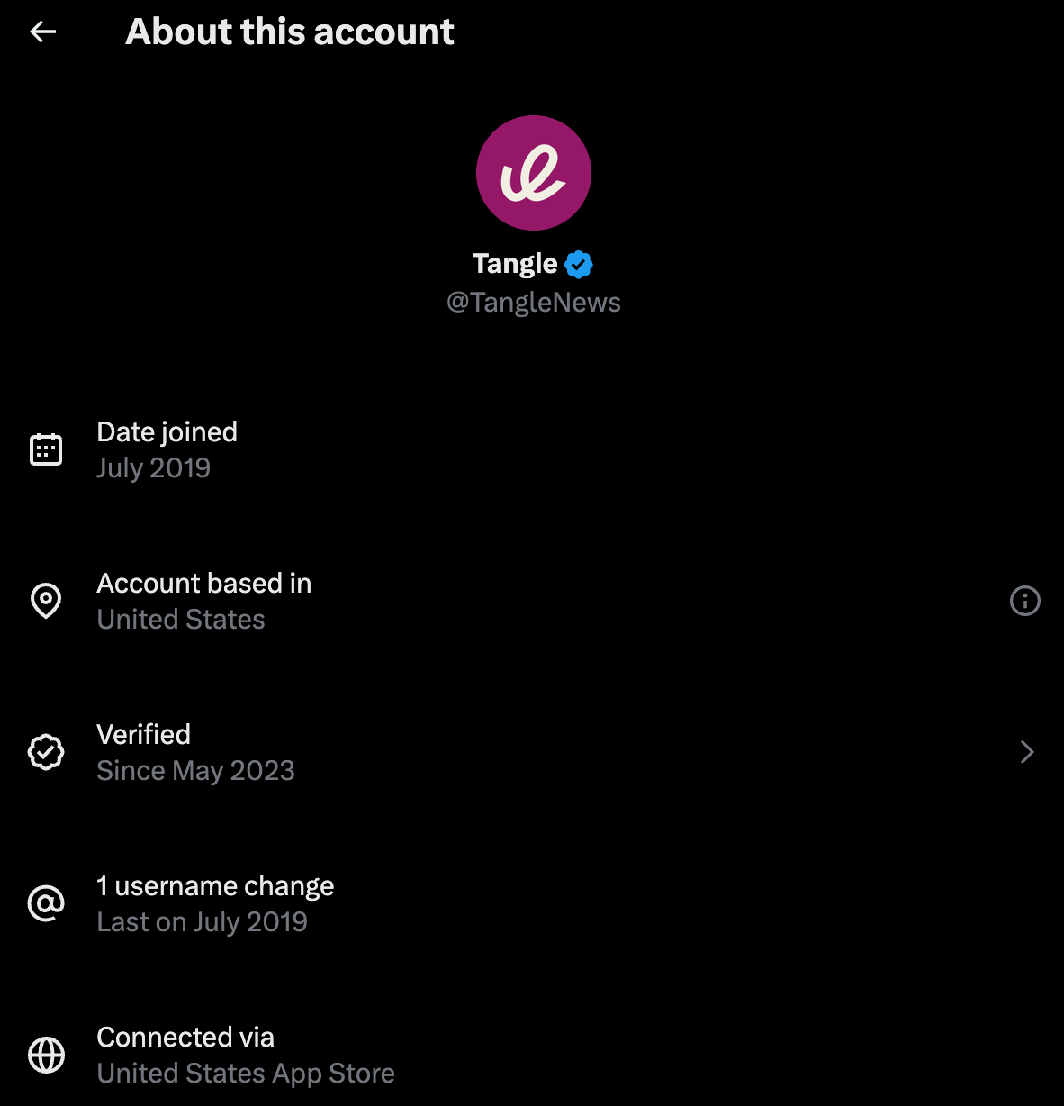 A screenshot of Tangle's account information on X.