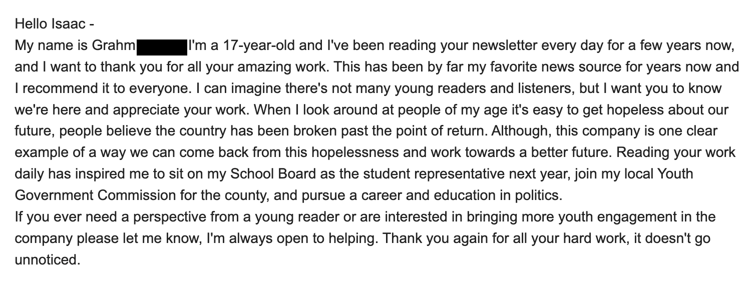 An email from a young Tangle reader thanking us for our work