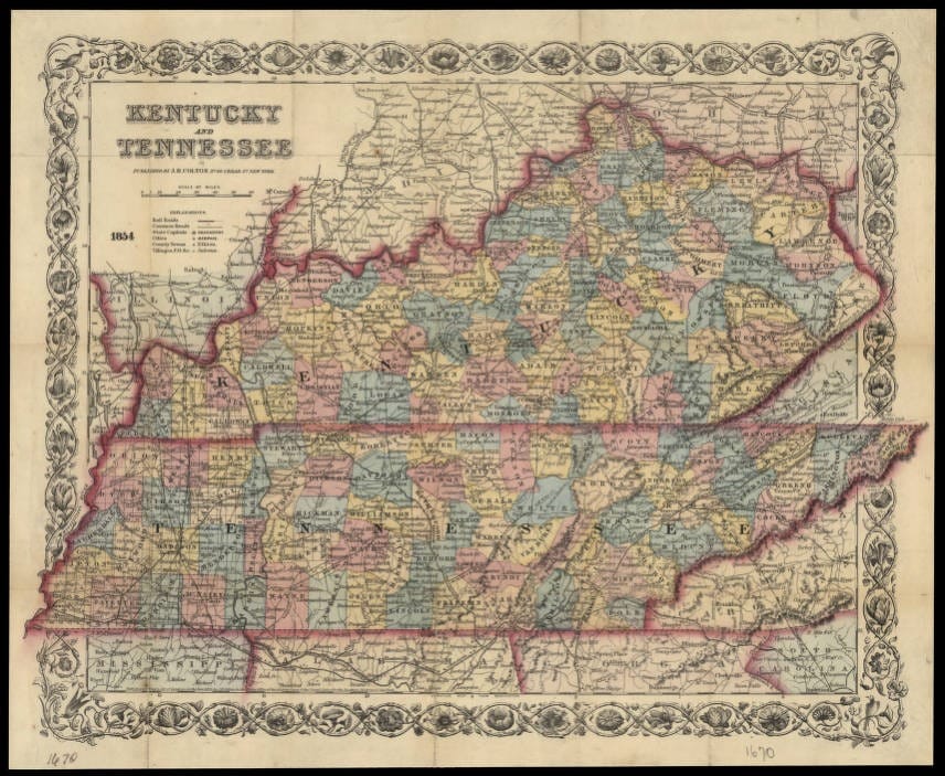1854 map of Kentucky and Tennessee | Cartographer J.H. Colton, Tennessee Virtual Archive